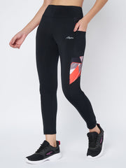 Waylene Women's Black Gym Leggings with Stylish Side Pocket and Logo
