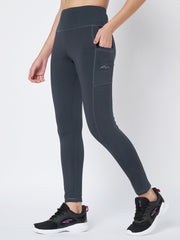 Waylene Dark Grey Leggings with side pocket detail, perfect for gym and yoga.