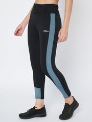 Waylene Women's Sports Tights in Black with Blue Stripe Detail