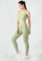 Waylene Pista Green Track Suit with Fitted Crop Top and Leggings, Standing Side View