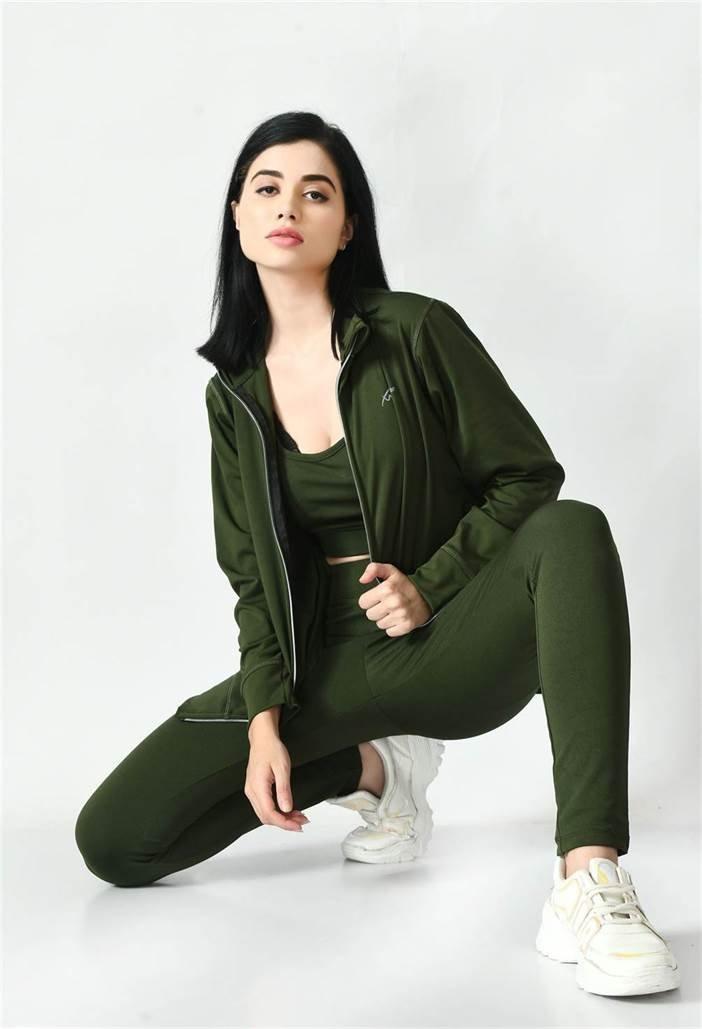 Waylene Olive Green Track Suit with Zippered Jacket and Leggings