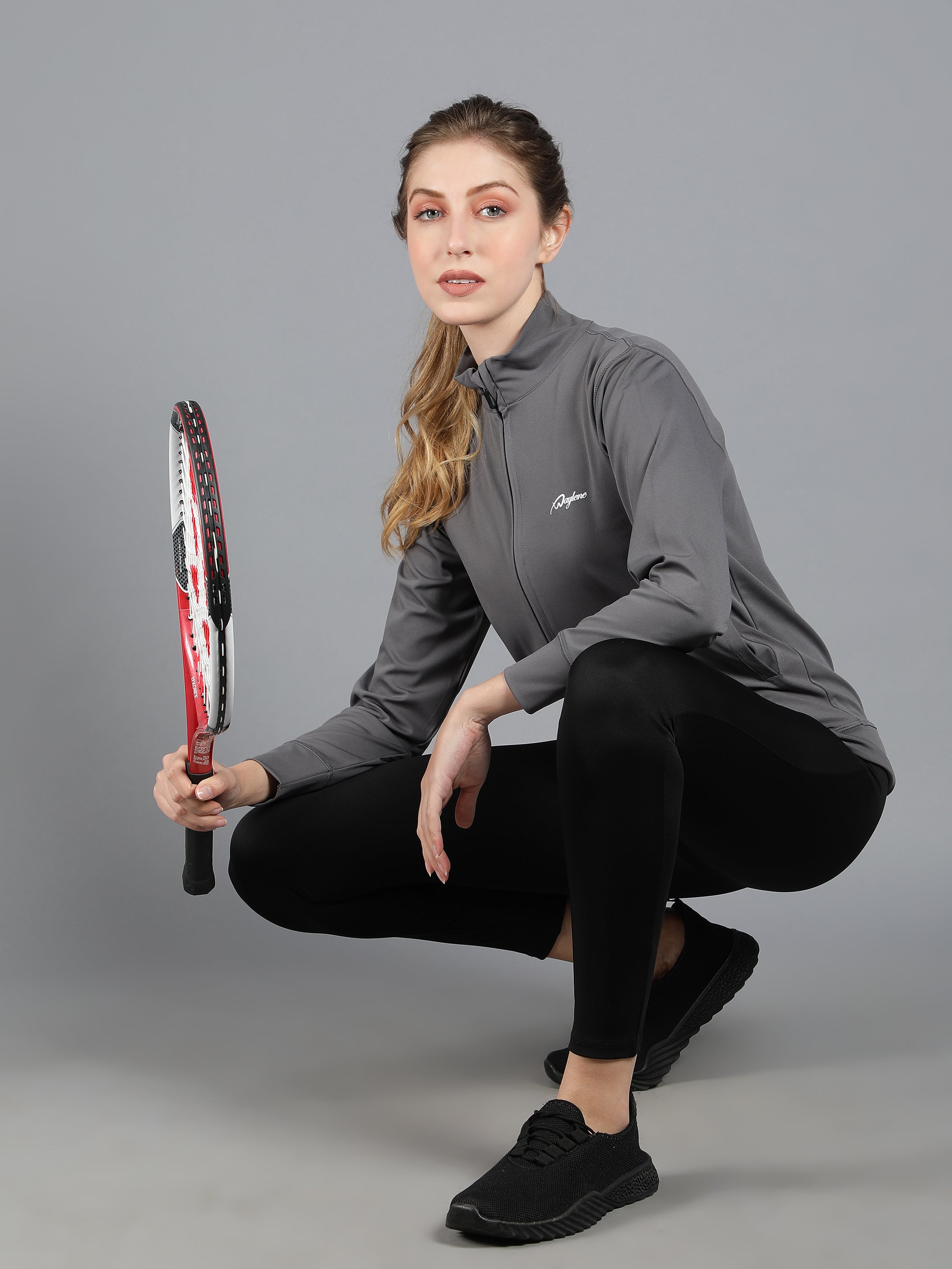 Waylene Women's Grey and Black Colorblock Tracksuit with Zippered Jacket and Tights, perfect for gym and yoga.