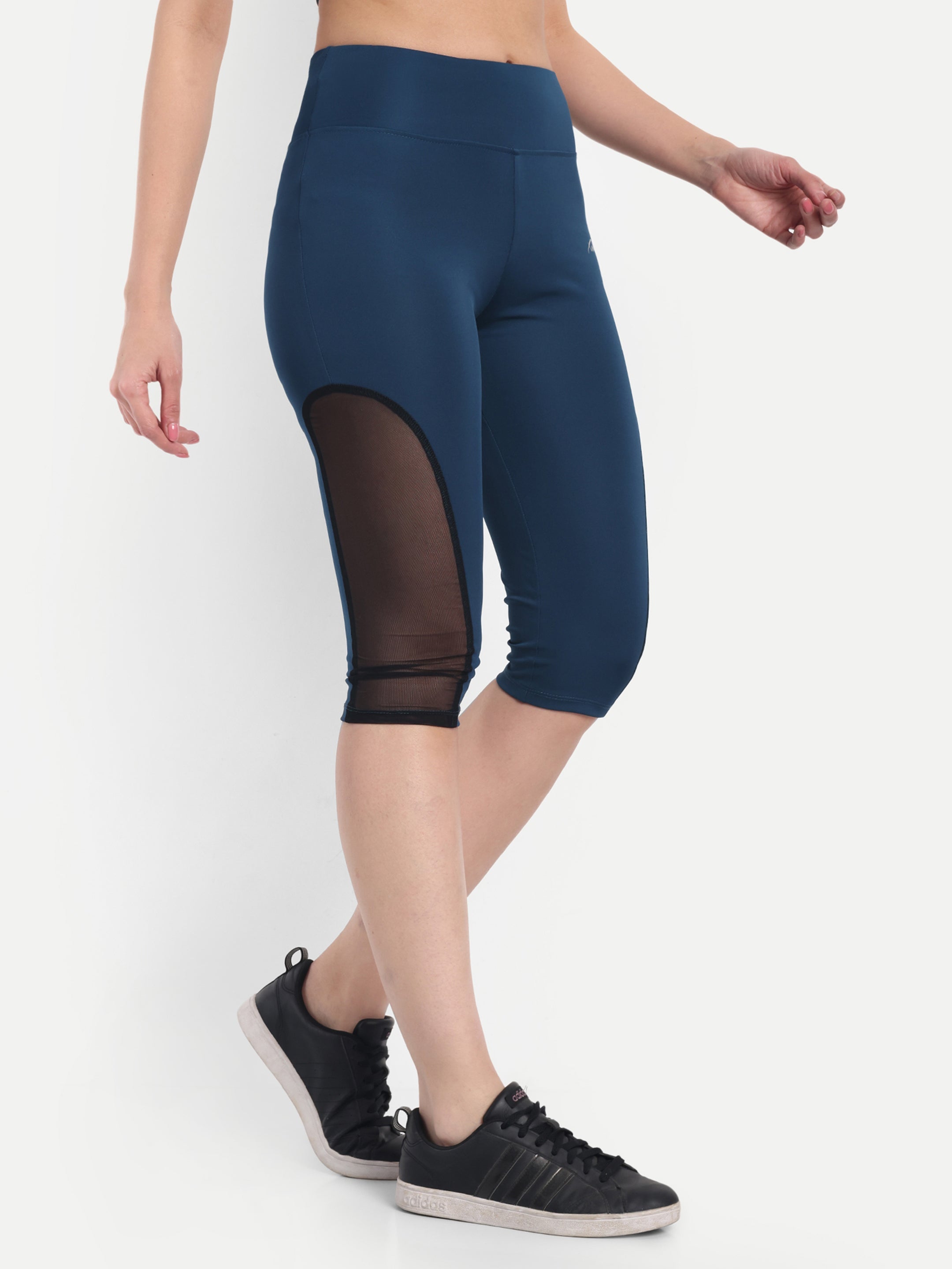 Waylene Women's Light Blue High-Waisted Sports Capris with Mesh Panels, side view