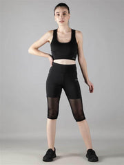 Waylene Women's Black High-Waisted Capri Leggings with Rounded Mesh Full Outfit View