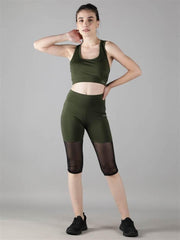 Waylene Women's Olive Green High-Waisted Capri Leggings with Rounded Mesh Full Outfit