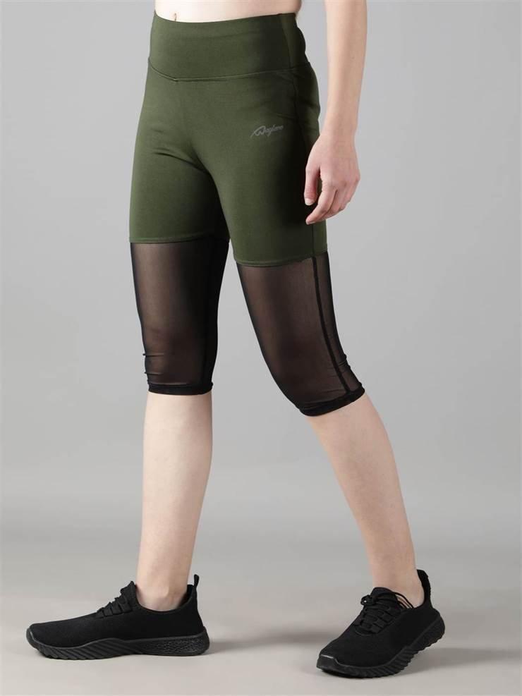 Waylene Women's Olive Green High-Waisted Capri Leggings with Rounded Mesh Side View