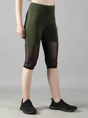 Waylene Women's Olive Green High-Waisted Capri Leggings with Rounded Mesh Front Side View