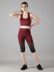 Waylene Women's Maroon High-Waisted Capri Leggings with Rounded Mesh Full Outfit