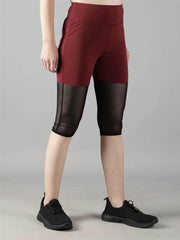 Waylene Women's Maroon High-Waisted Capri Leggings with Rounded Mesh Front Side View