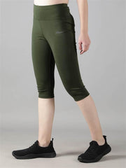 Waylene Olive Green Skinny Fit Capri Tights, Side View with Black Sneakers