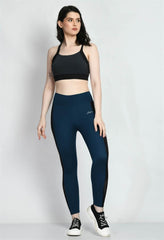 Waylene Teal Blue Fitness Tights with Color Block Design and Logo Detail