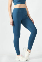 Waylene Teal Blue Yoga Leggings, side view highlighting high-waist and sleek fit.