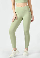 Waylene Pista Green High-Waisted Leggings, Close-Up Front View