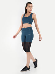 Waylene Teal Blue Gym Set Featuring Sports Bra and Mesh Panel Shorts