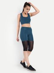 Waylene Teal Blue Sports Bra and High-Waisted Shorts with Mesh Detail