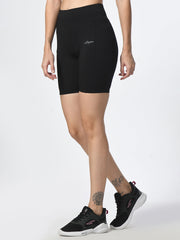 Waylene Black Shorts, side view, demonstrating form-fitting style and stretch fabric.
