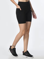 Waylene Black Shorts with side pocket, showcasing functional design for active use.