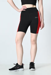 Waylene Black and Red Colour Block Women's Gym Shorts, high-performance dry-fit, front close-up
