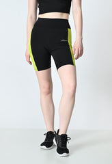 front look of waylene's colour block gym shorts for women black and parrot green