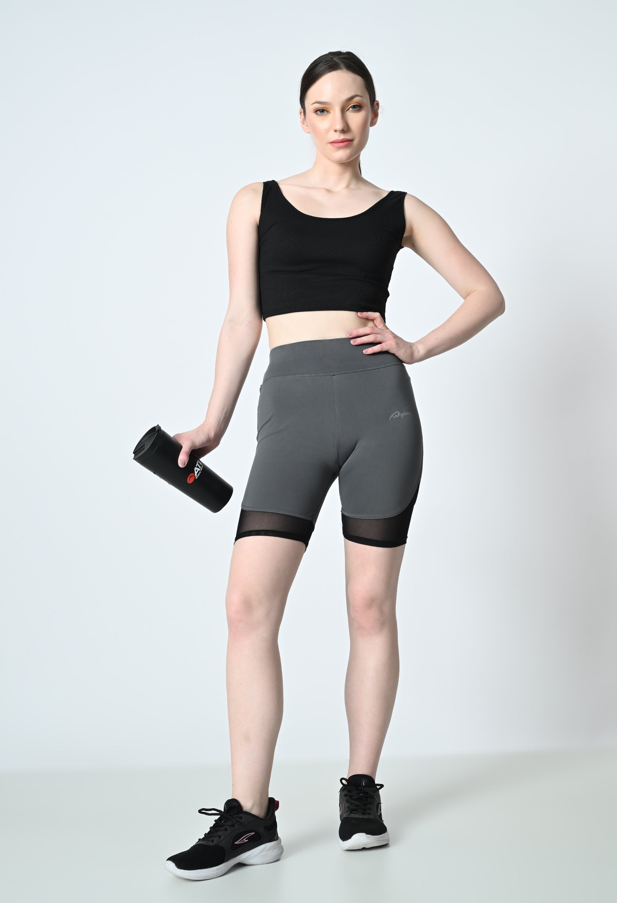 Waylene Grey Women's Gym Shorts with High Waist and Mesh Panels