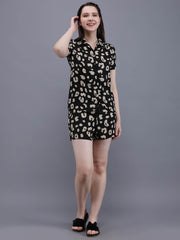 Waylene Printed Shirt & Shorts Set for Women, front view, black with beige abstract print.
