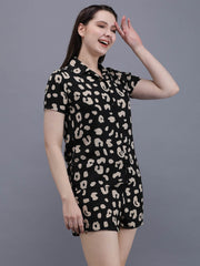 Waylene Printed Shirt & Shorts Set, front view, woman smiling, black with beige abstract print.