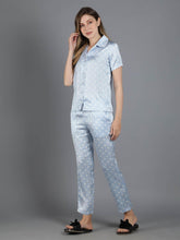 Waylene Light Blue Polka Dot Satin PJ Set, front view with short sleeves and button-down shirt.