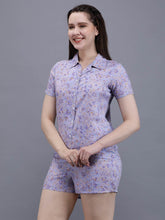 Waylene Light Purple Floral Print Shirt & Shorts Set, front view