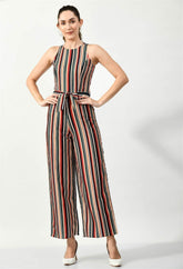 Waylene Striped Multi-Color Sleeveless Jumpsuit with Belted Waist, Front View