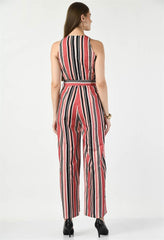 Waylene striped multicolor sleeveless jumpsuit with a belted waist, back view.
