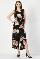 Waylene Floral Print Black Jumpsuit with V-Neck and Tie Waist