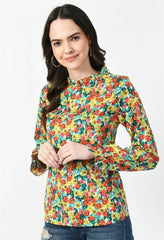 Waylene Multicolored Floral Western Top with Ruffled Collar and Long Sleeves