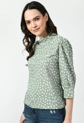 Waylene Pista Green High Neck Western Top with Puff Sleeves, Side View