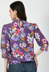 Waylene Purple Floral Western Top with High Neckline, Back View