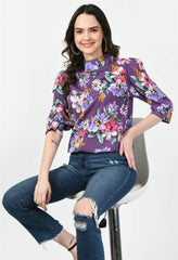 Waylene Purple Floral Western Top with High Neckline, Seated Pose