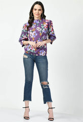 Waylene Purple Floral Western Top with High Neckline, Full Body