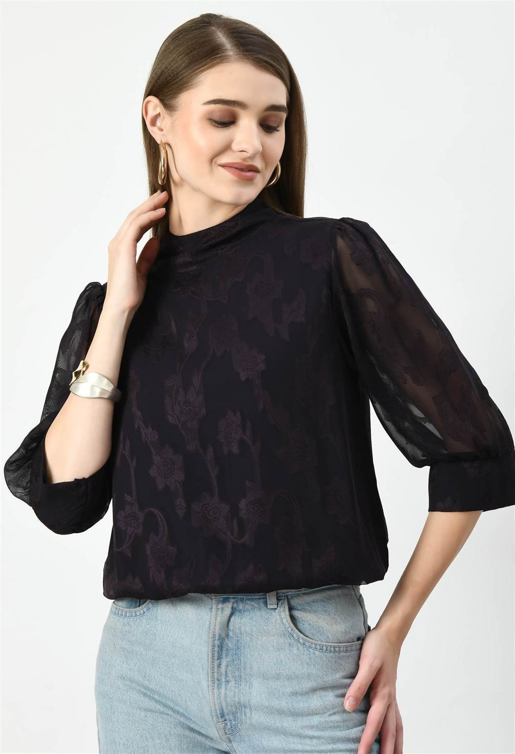 Waylene Dark Jamuni Western Top with Sheer Puff Sleeves, front view