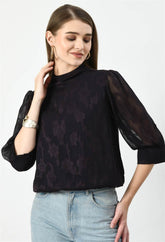 Waylene Dark Jamuni Western Top with Sheer Puff Sleeves, front view