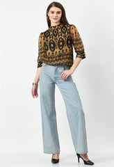 Full view of Waylene Peach High-Neck Geometric Print Western Top with Light Jeans