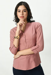 Waylene Soft Pink Tailored Shirt for Women with band collar and buttoned placket, featuring 3/4 sleeves and sleek fit.