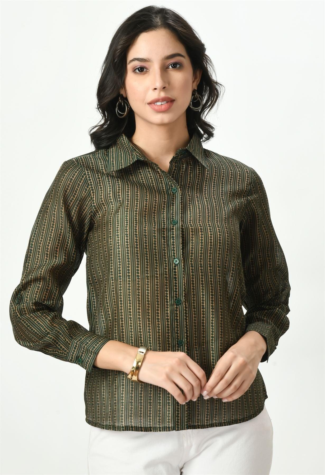 Waylene sheer green casual shirt for women with vertical stripe pattern, front view.