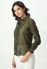 Waylene sheer green casual shirt with a subtle collar and stripe detail, side view.