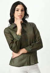 Waylene sheer green shirt featuring button-up design and long sleeves, front view.