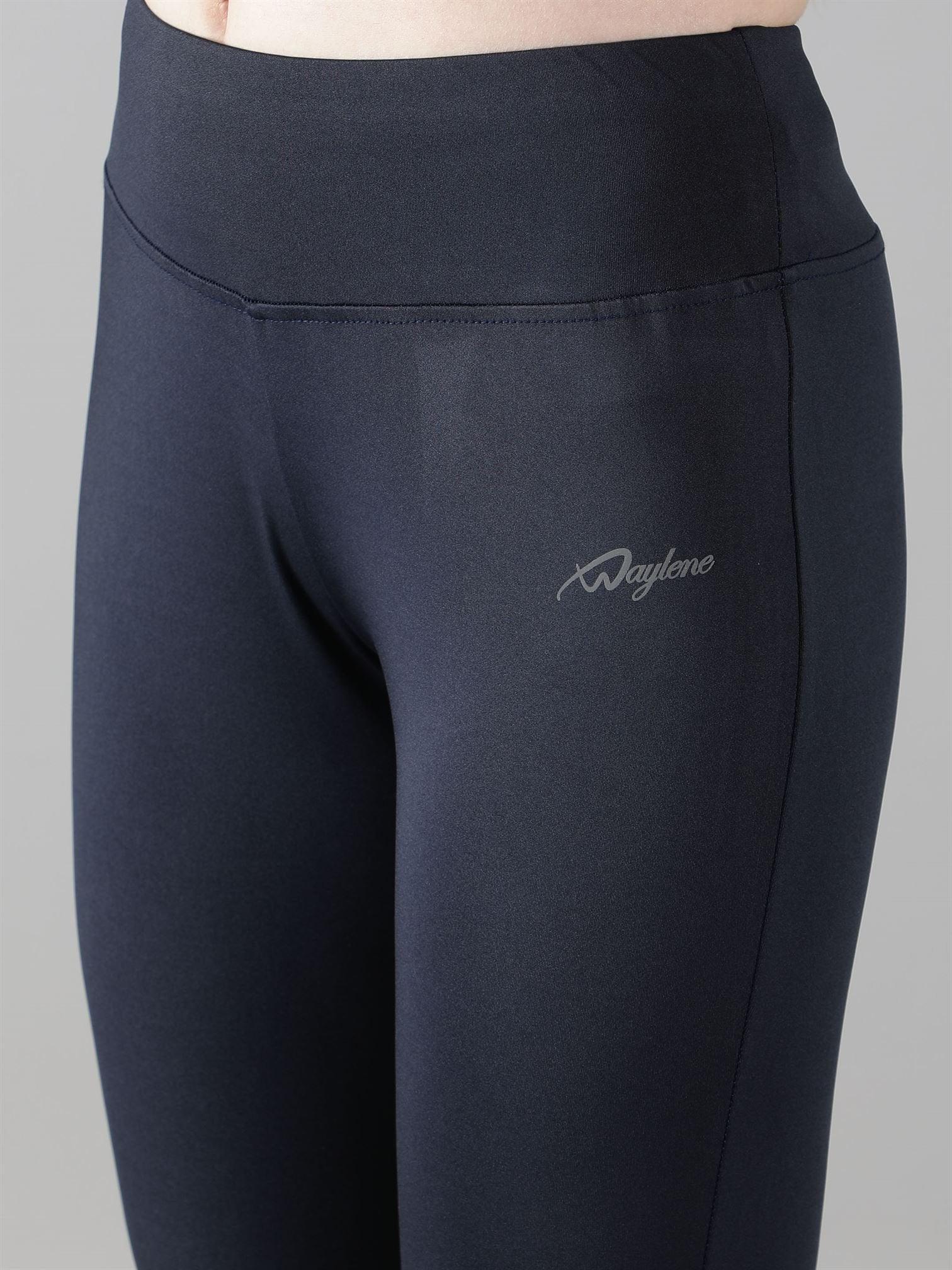 Close-up of Waylene Navy Blue High-Waisted Leggings with Logo