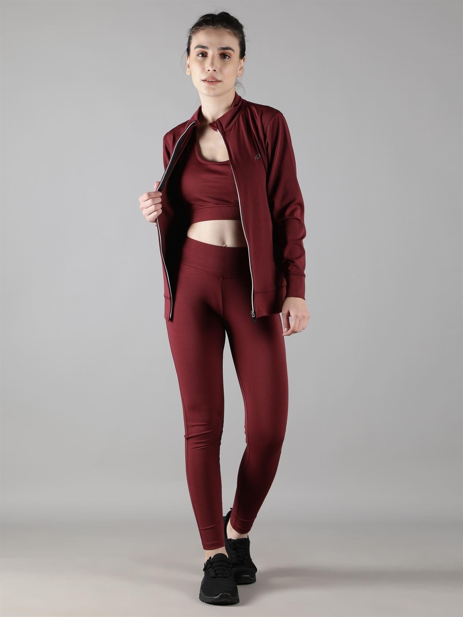 Waylene Wine Tracksuit for Women, front view showing crop top and leggings.