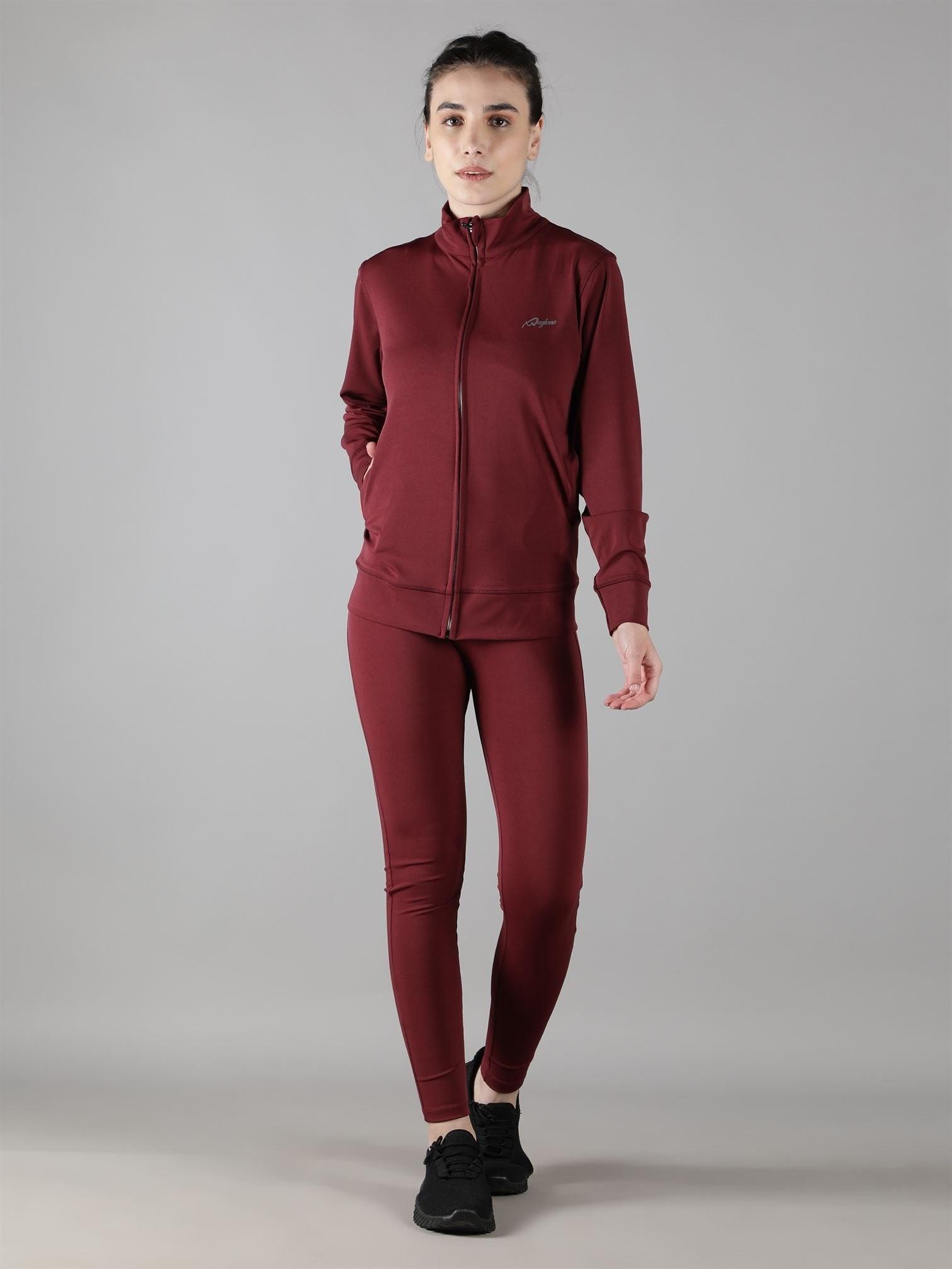 Waylene Wine Tracksuit for Women, front view with full zippered jacket.