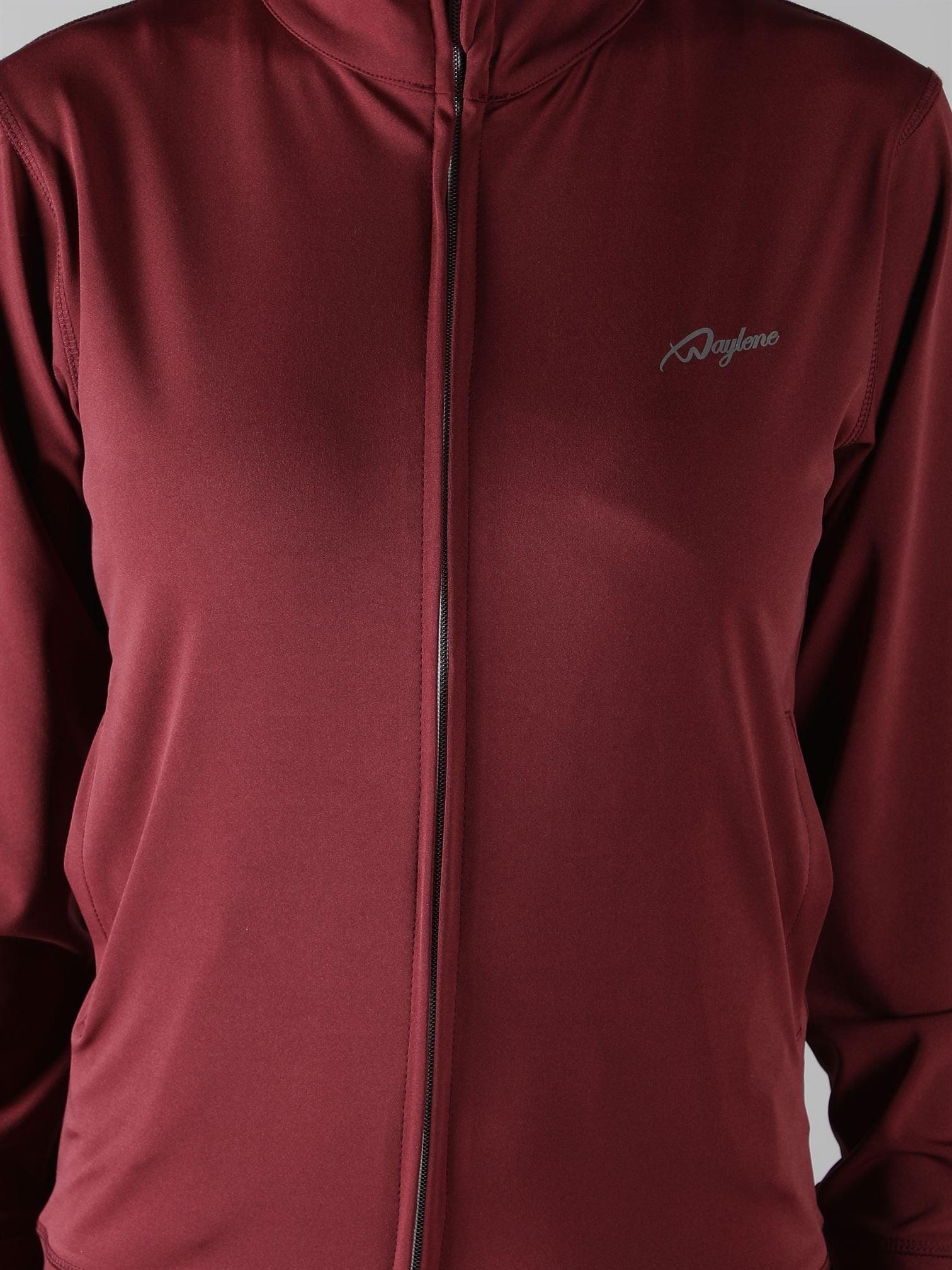 Close-up of Waylene Wine Tracksuit jacket with logo and zipper details.