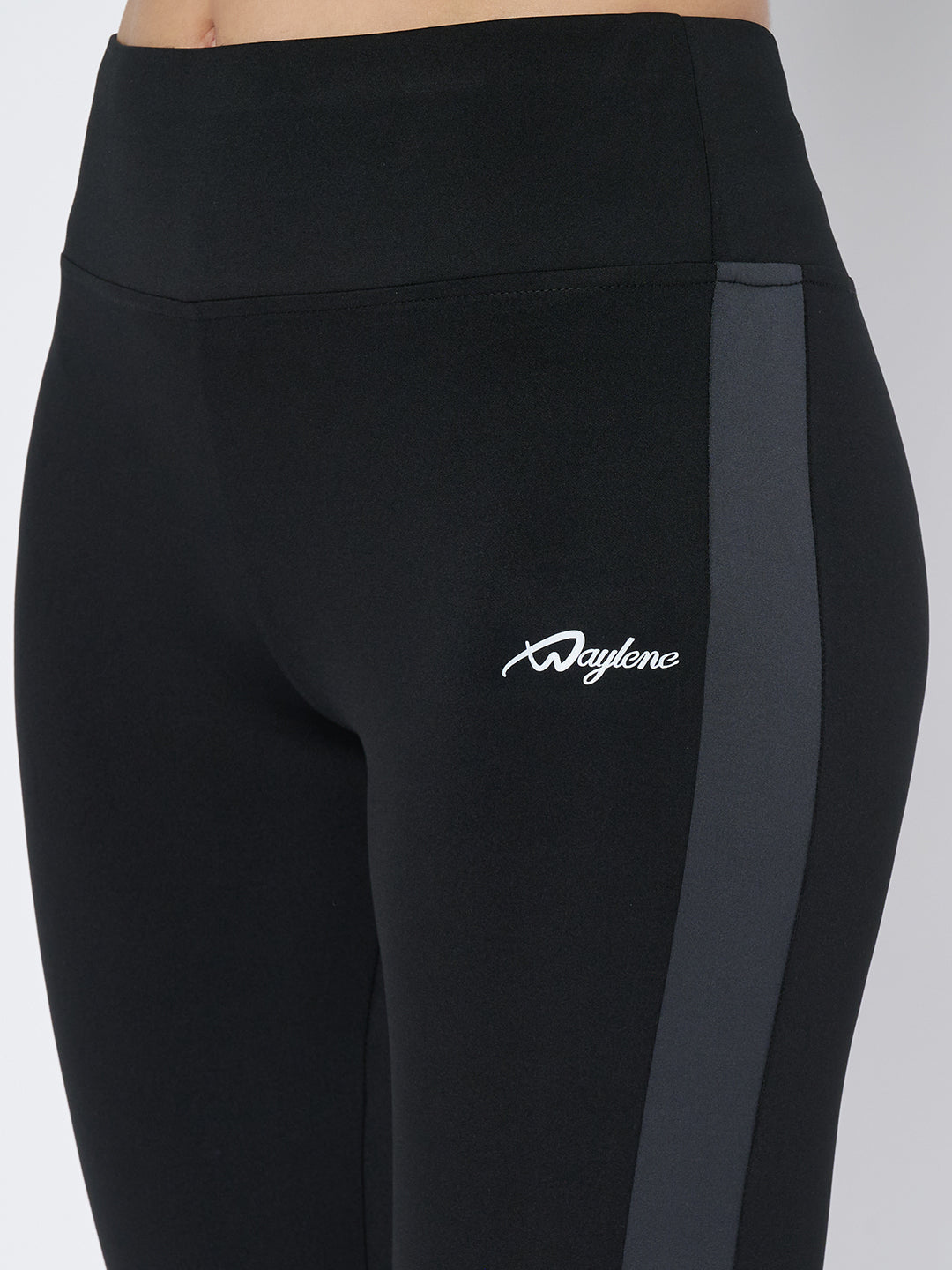 Close-Up of Waylene Logo on Black and Grey Yoga Leggings