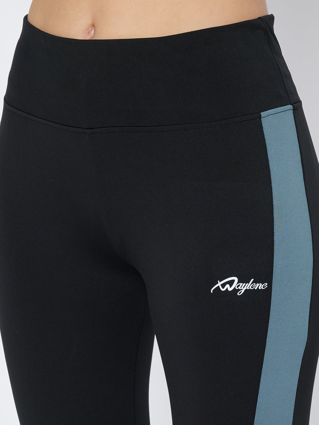 Close-up of Waylene Black Tights with Airforce Blue Side Stripe