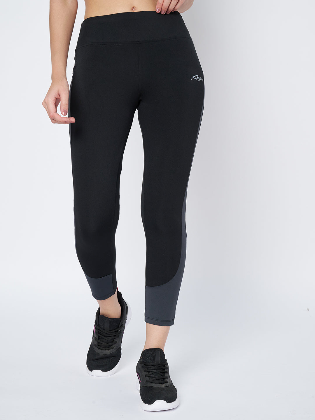 Front View of Waylene Black and Grey High-Waisted Yoga Leggings